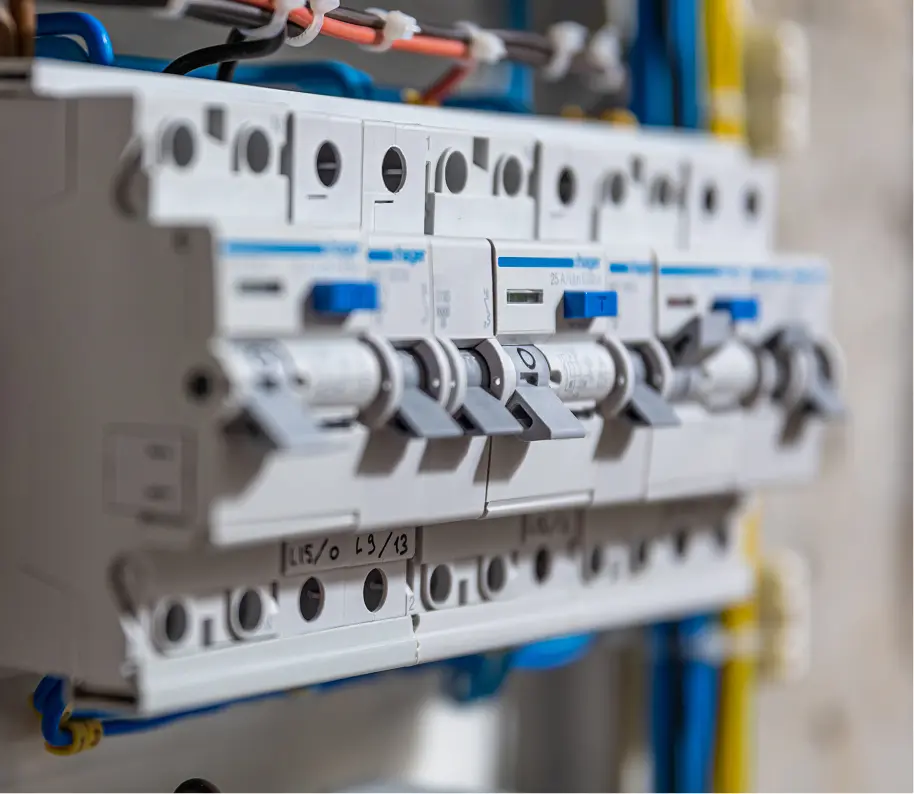 Detailný pohľad na modernú elektrickú rozvodnú skriňu s ističmi